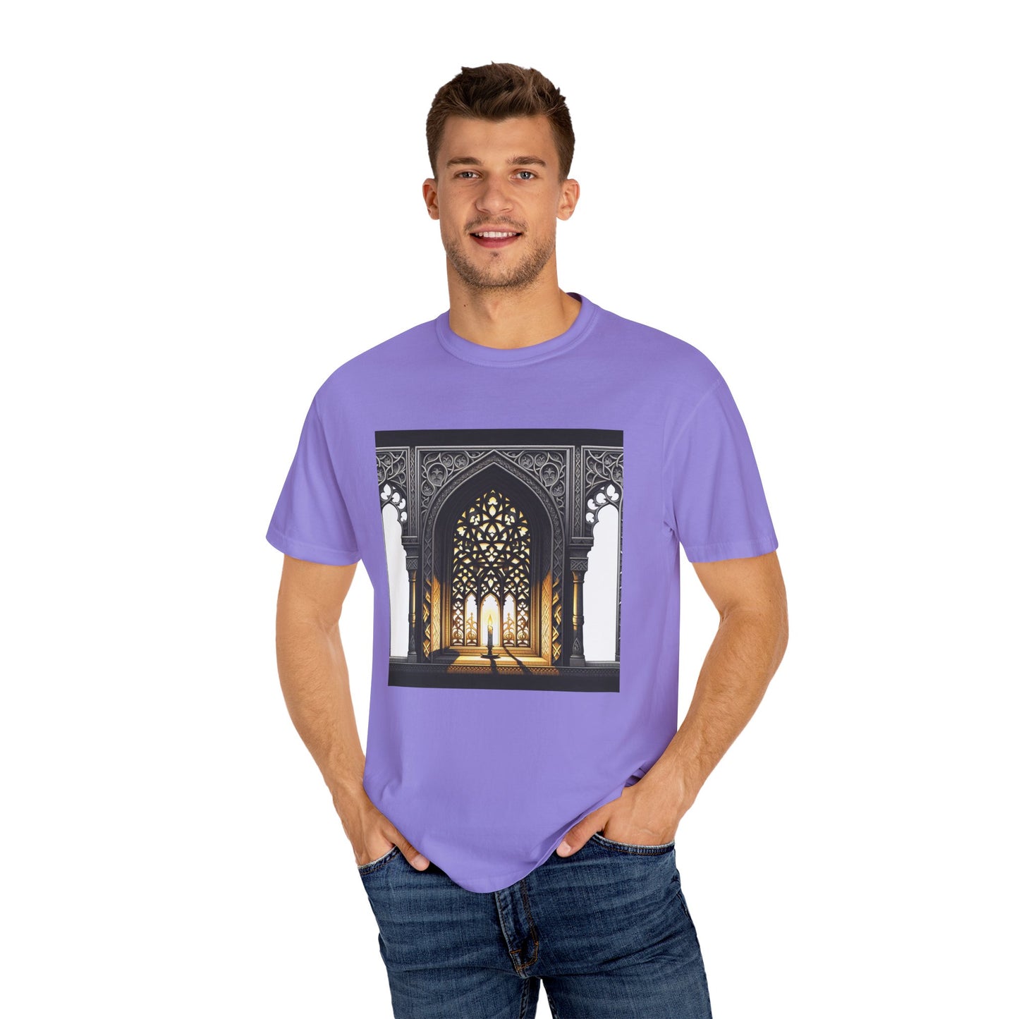 Ghostly Glow: Gothic Windows Aglow with Candlelight T-Shirt
