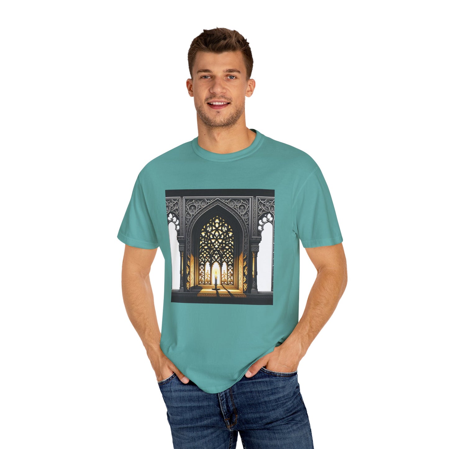 Ghostly Glow: Gothic Windows Aglow with Candlelight T-Shirt