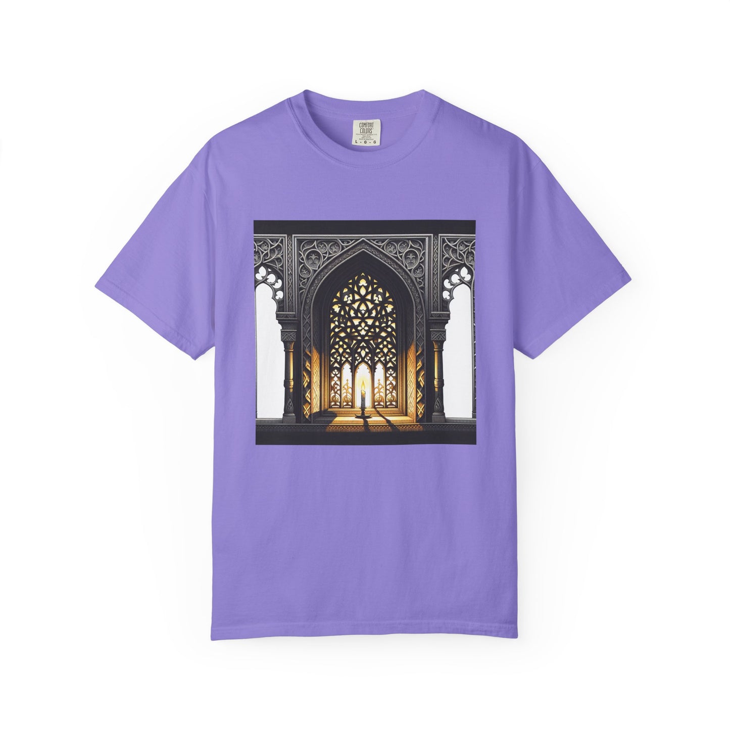 Ghostly Glow: Gothic Windows Aglow with Candlelight T-Shirt