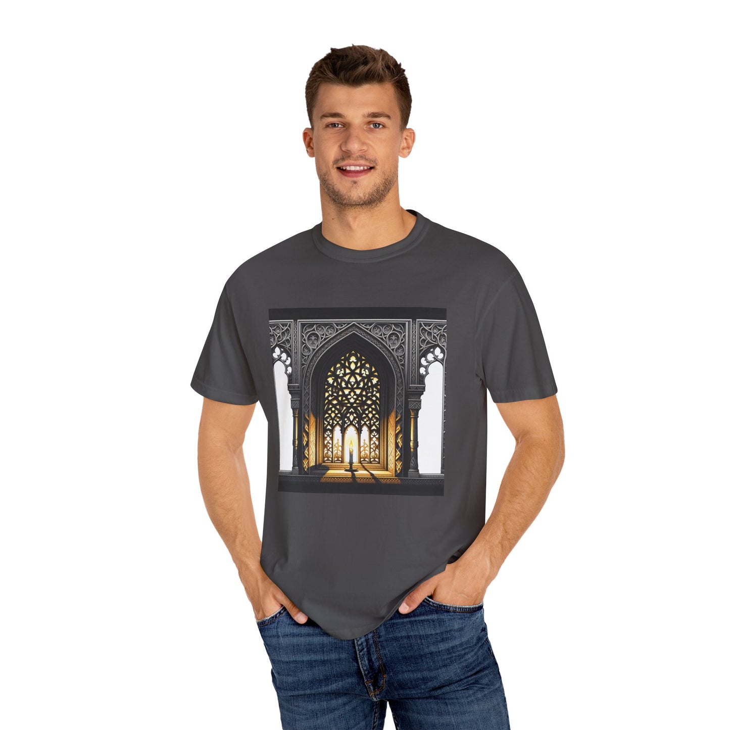 Ghostly Glow: Gothic Windows Aglow with Candlelight T-Shirt