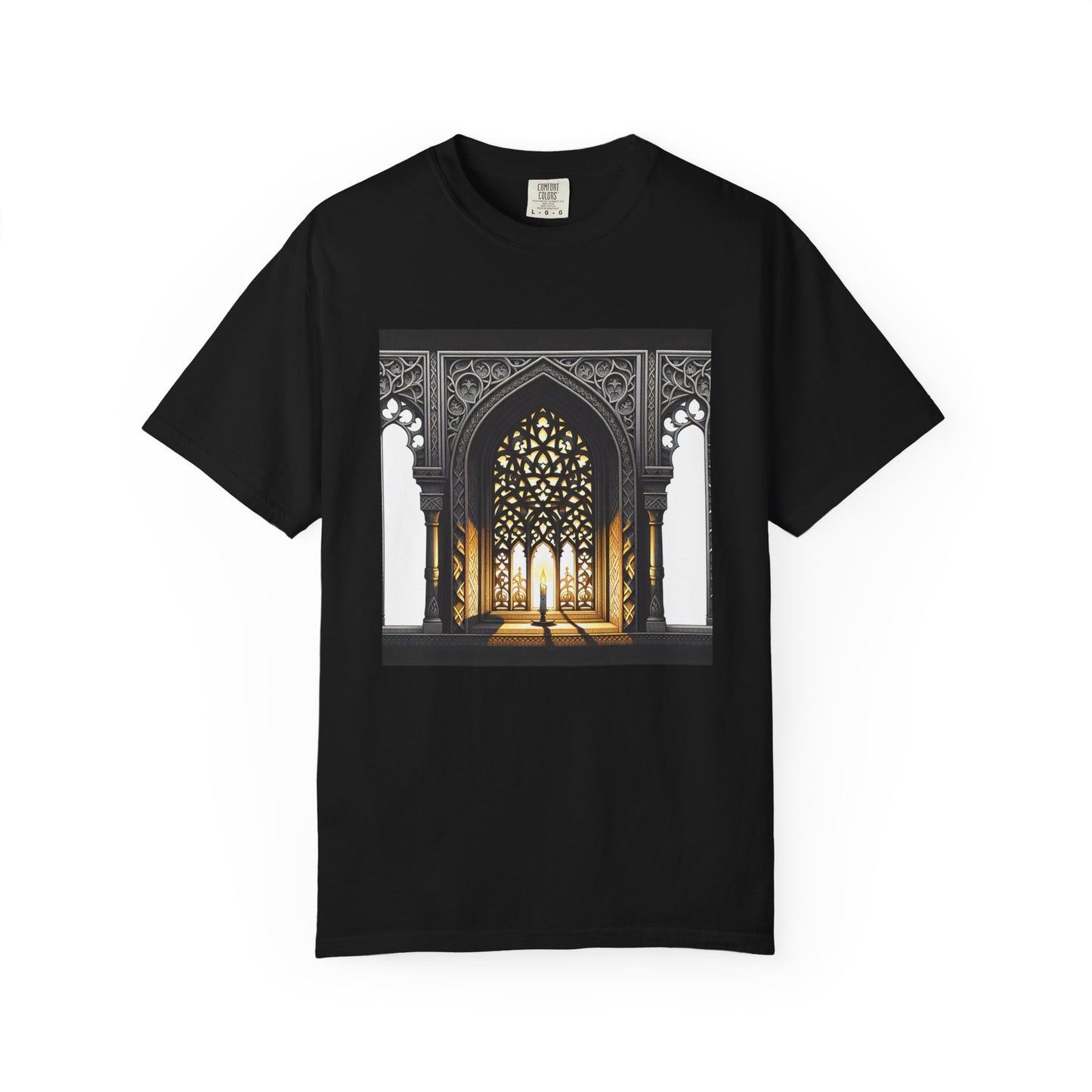 Ghostly Glow: Gothic Windows Aglow with Candlelight T-Shirt