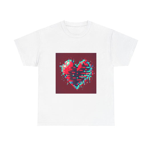 Glitchy Love: Pixel Heart in Digital Flux T-Shirt