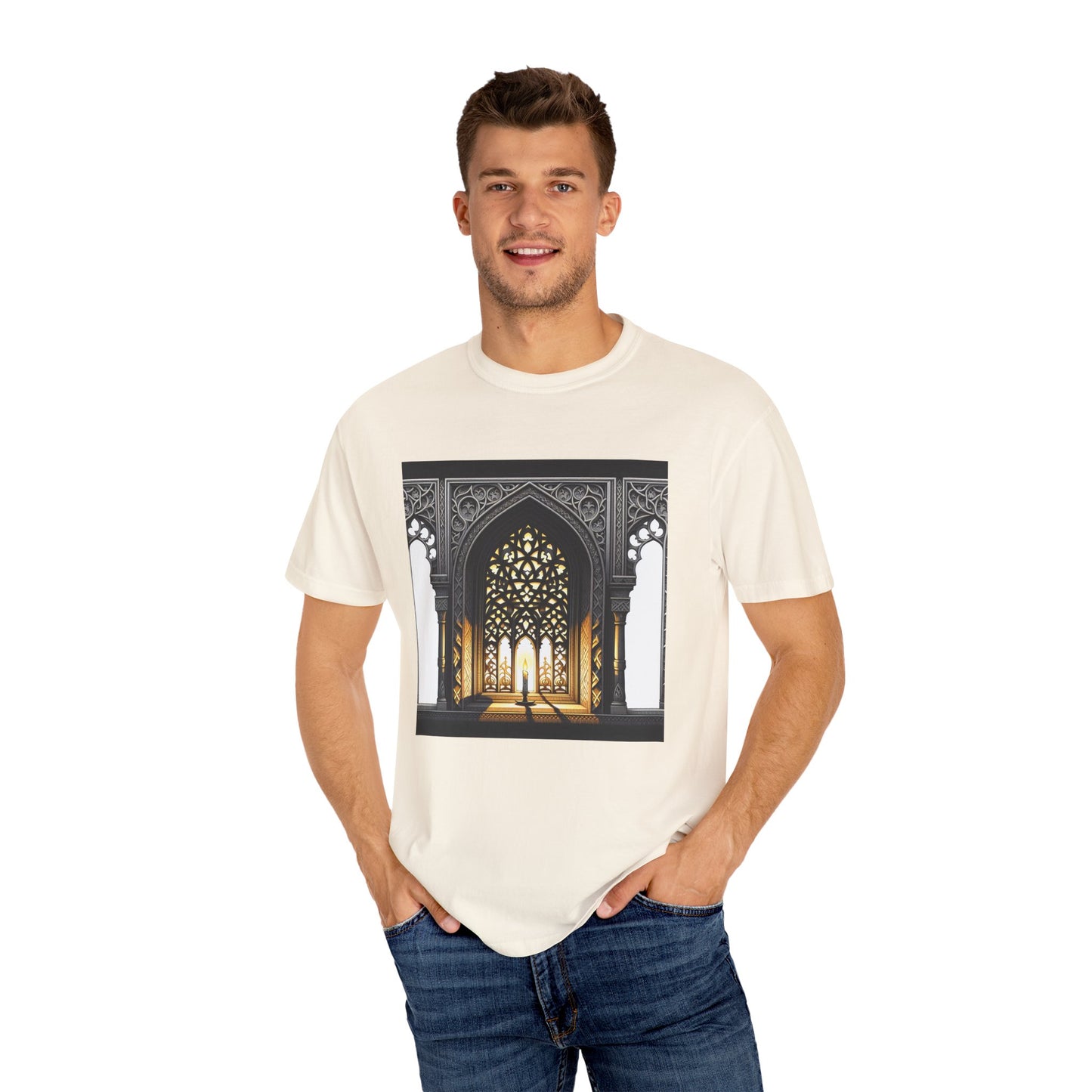 Ghostly Glow: Gothic Windows Aglow with Candlelight T-Shirt