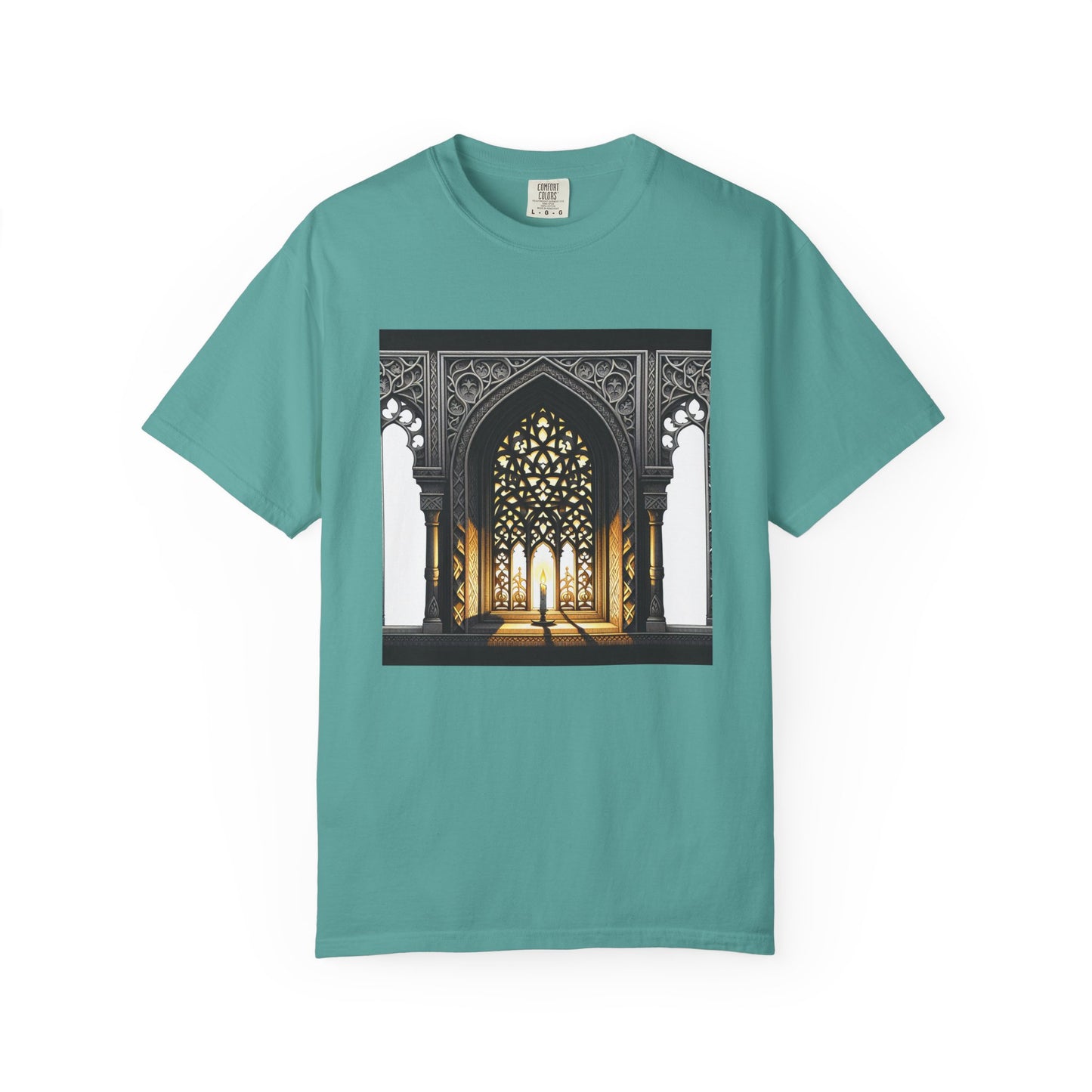Ghostly Glow: Gothic Windows Aglow with Candlelight T-Shirt