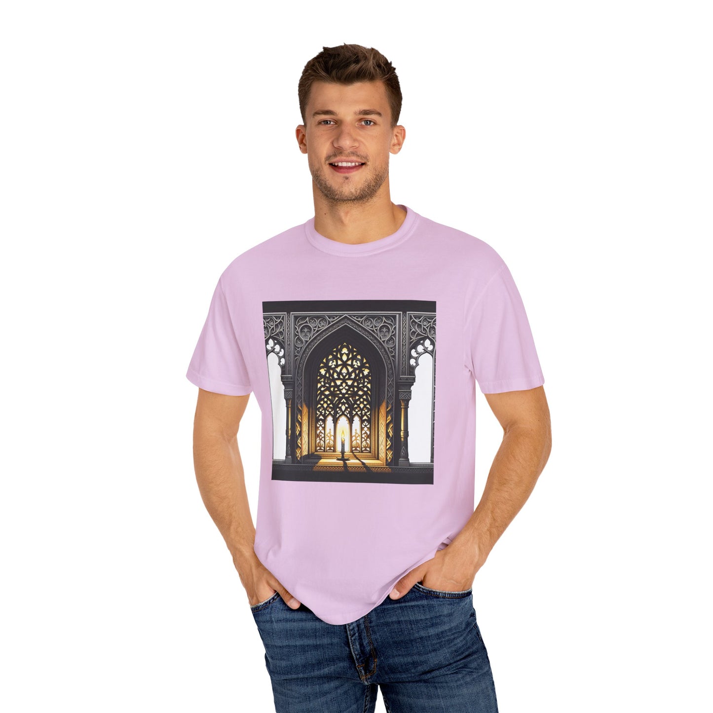 Ghostly Glow: Gothic Windows Aglow with Candlelight T-Shirt