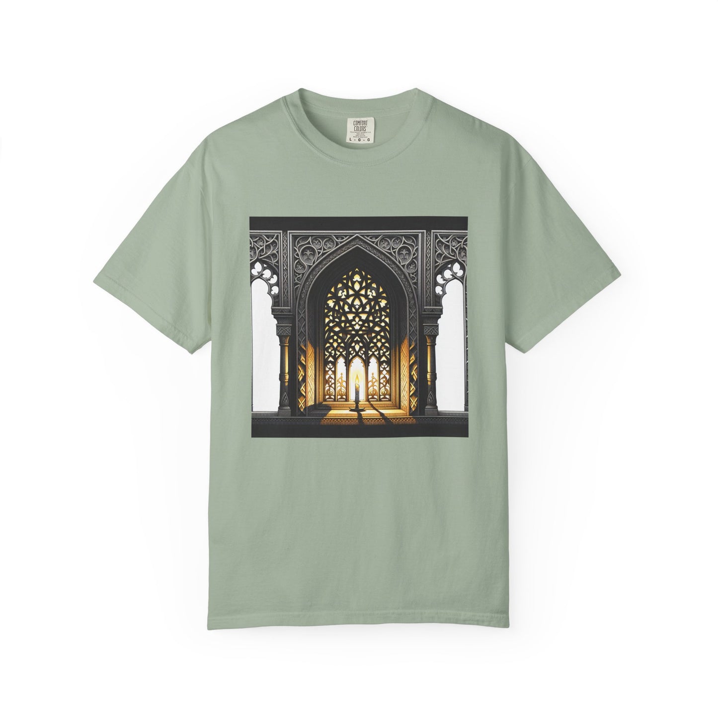 Ghostly Glow: Gothic Windows Aglow with Candlelight T-Shirt