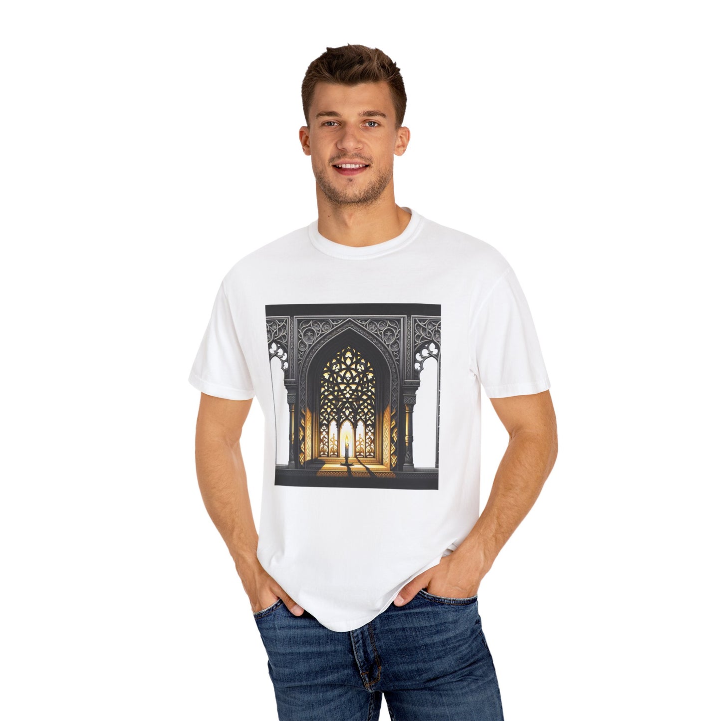 Ghostly Glow: Gothic Windows Aglow with Candlelight T-Shirt