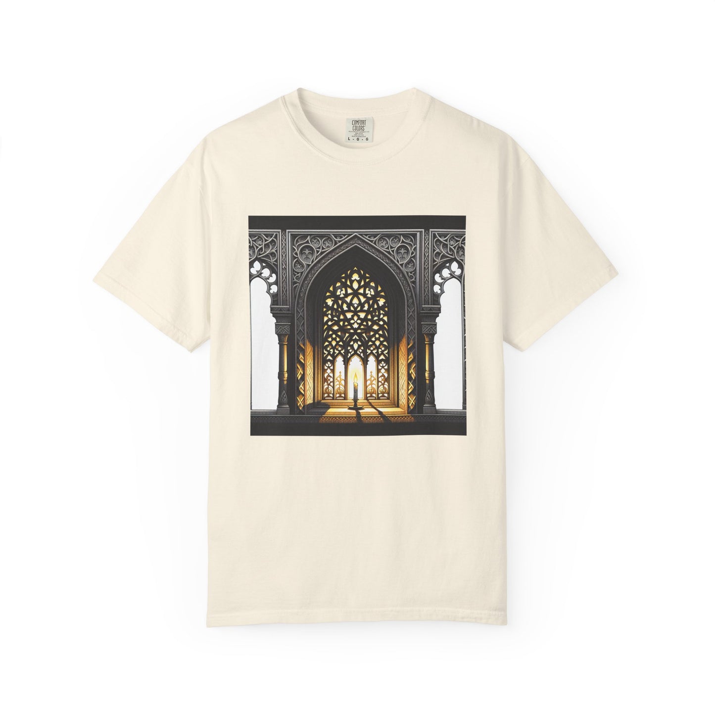 Ghostly Glow: Gothic Windows Aglow with Candlelight T-Shirt