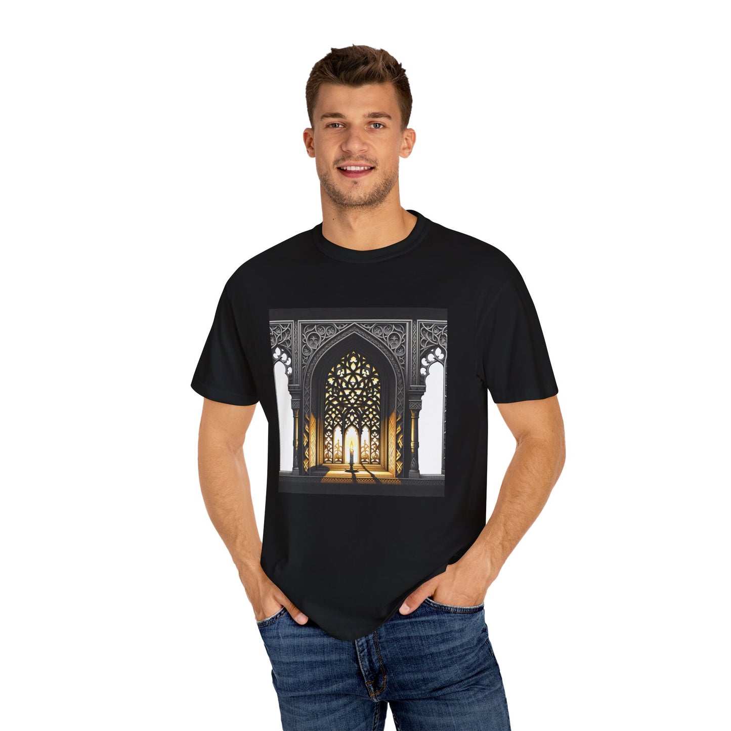 Ghostly Glow: Gothic Windows Aglow with Candlelight T-Shirt