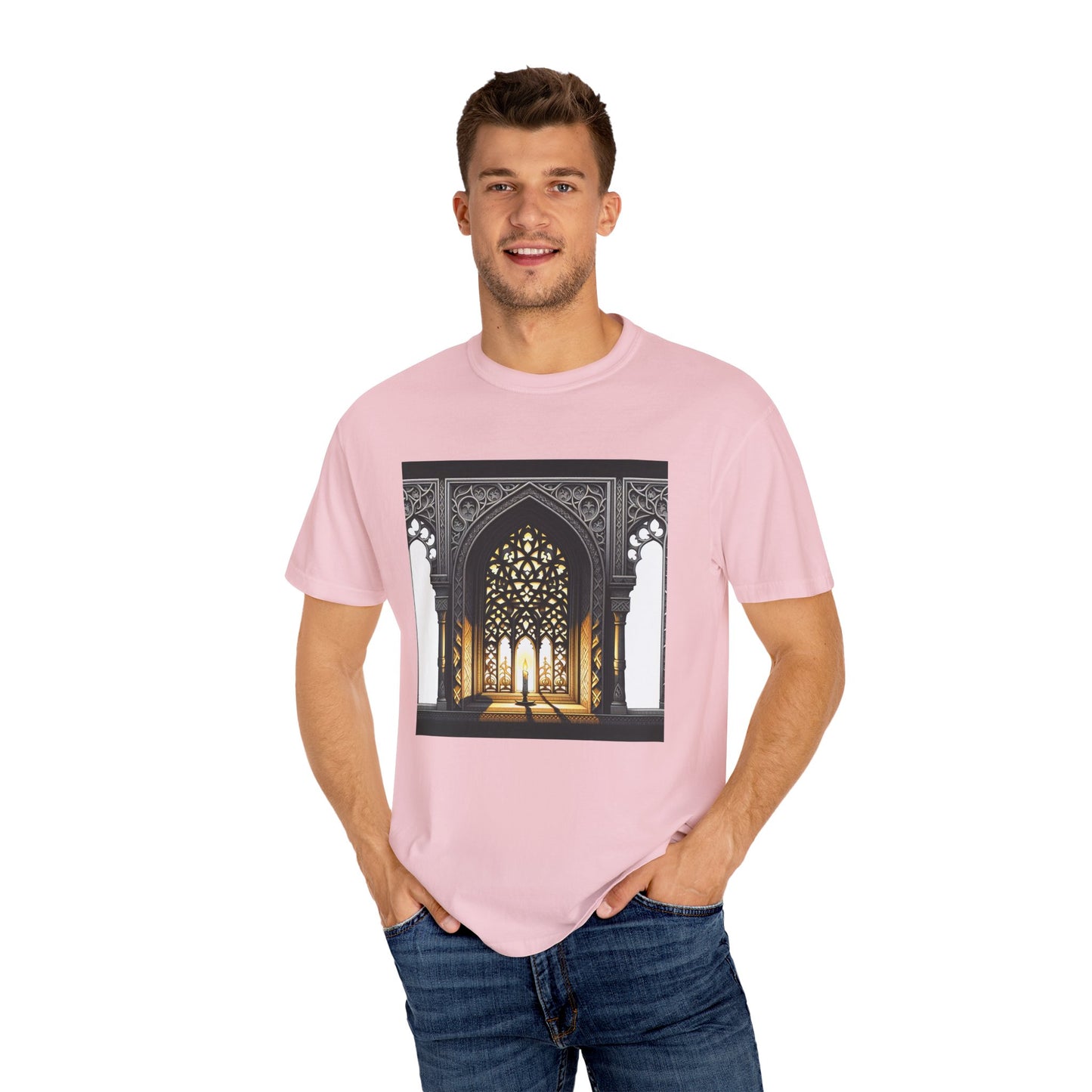 Ghostly Glow: Gothic Windows Aglow with Candlelight T-Shirt