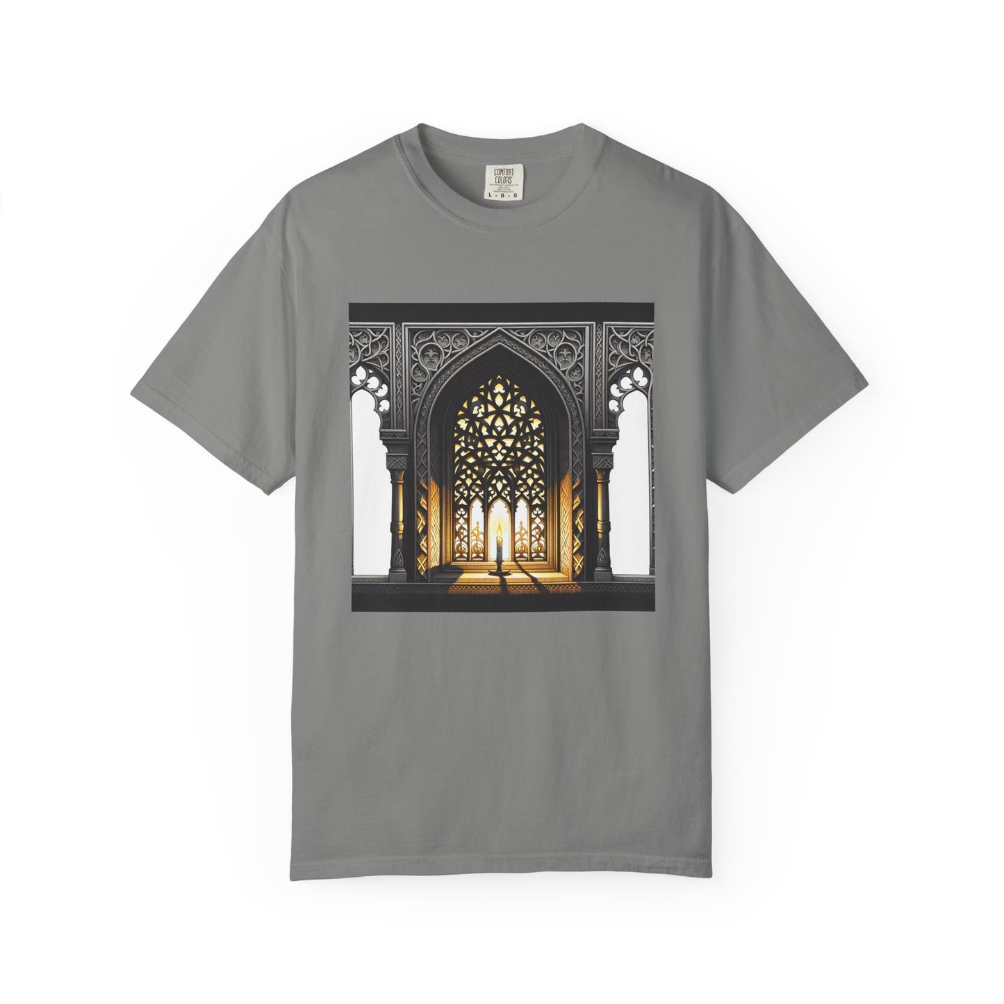 Ghostly Glow: Gothic Windows Aglow with Candlelight T-Shirt
