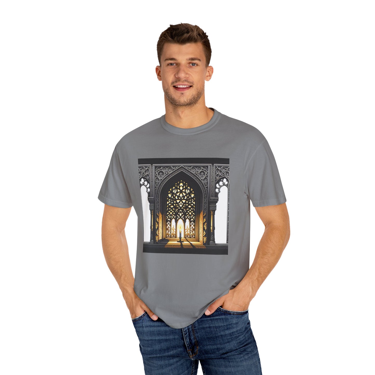 Ghostly Glow: Gothic Windows Aglow with Candlelight T-Shirt