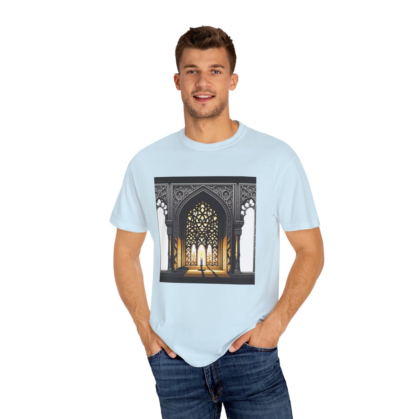 Ghostly Glow: Gothic Windows Aglow with Candlelight T-Shirt