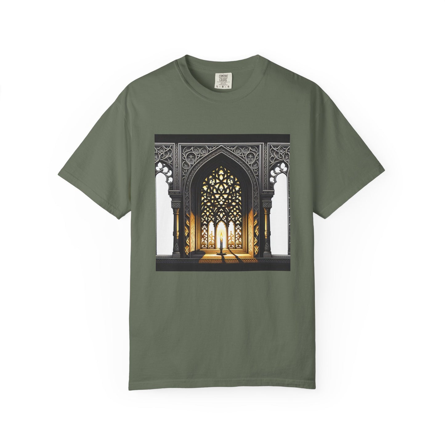 Ghostly Glow: Gothic Windows Aglow with Candlelight T-Shirt