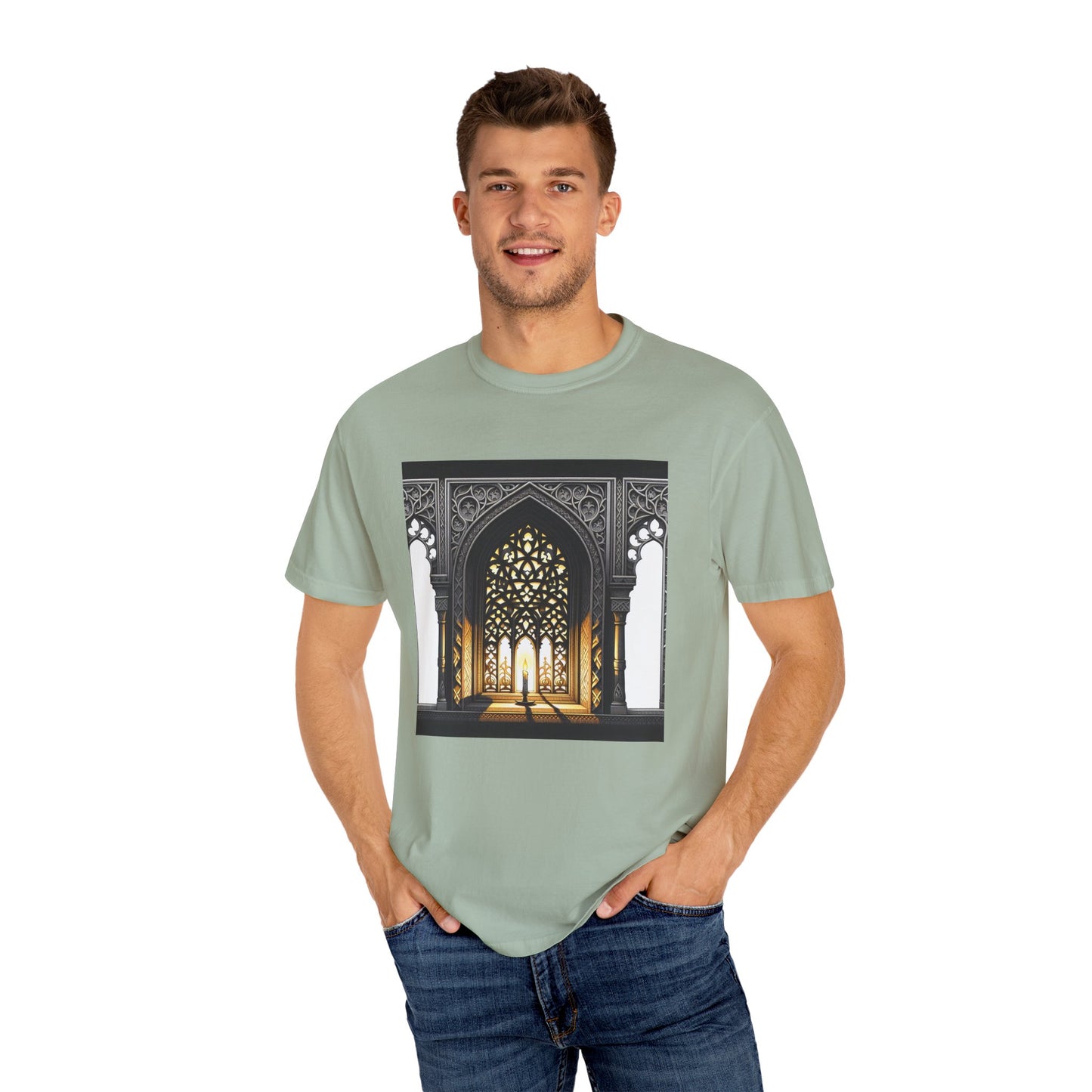 Ghostly Glow: Gothic Windows Aglow with Candlelight T-Shirt