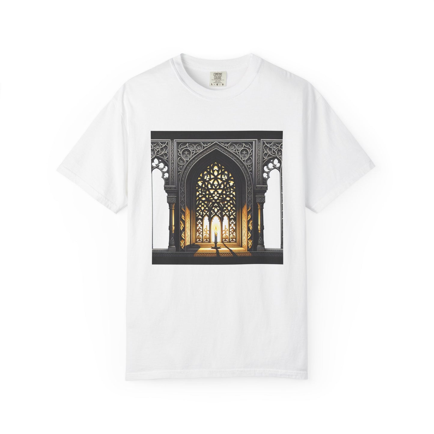 Ghostly Glow: Gothic Windows Aglow with Candlelight T-Shirt