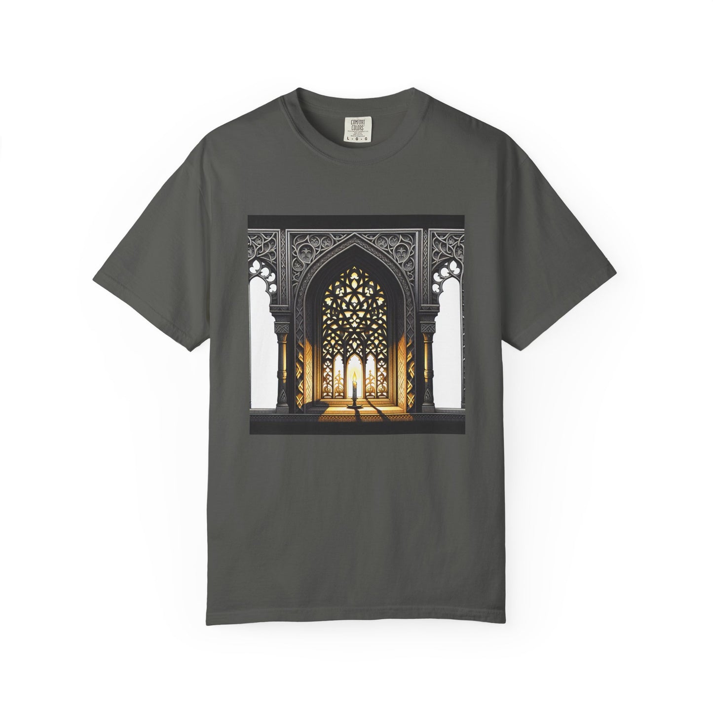 Ghostly Glow: Gothic Windows Aglow with Candlelight T-Shirt