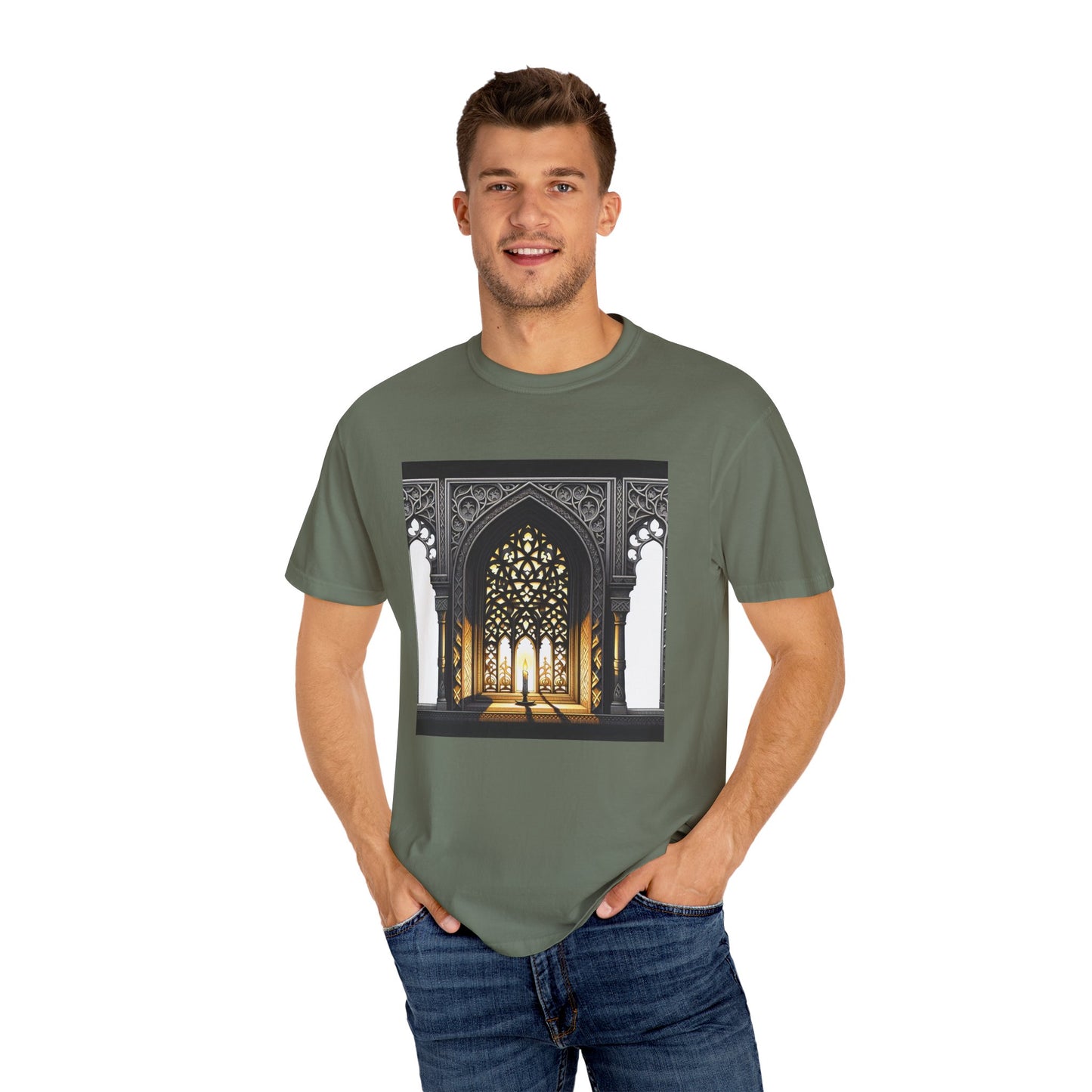 Ghostly Glow: Gothic Windows Aglow with Candlelight T-Shirt