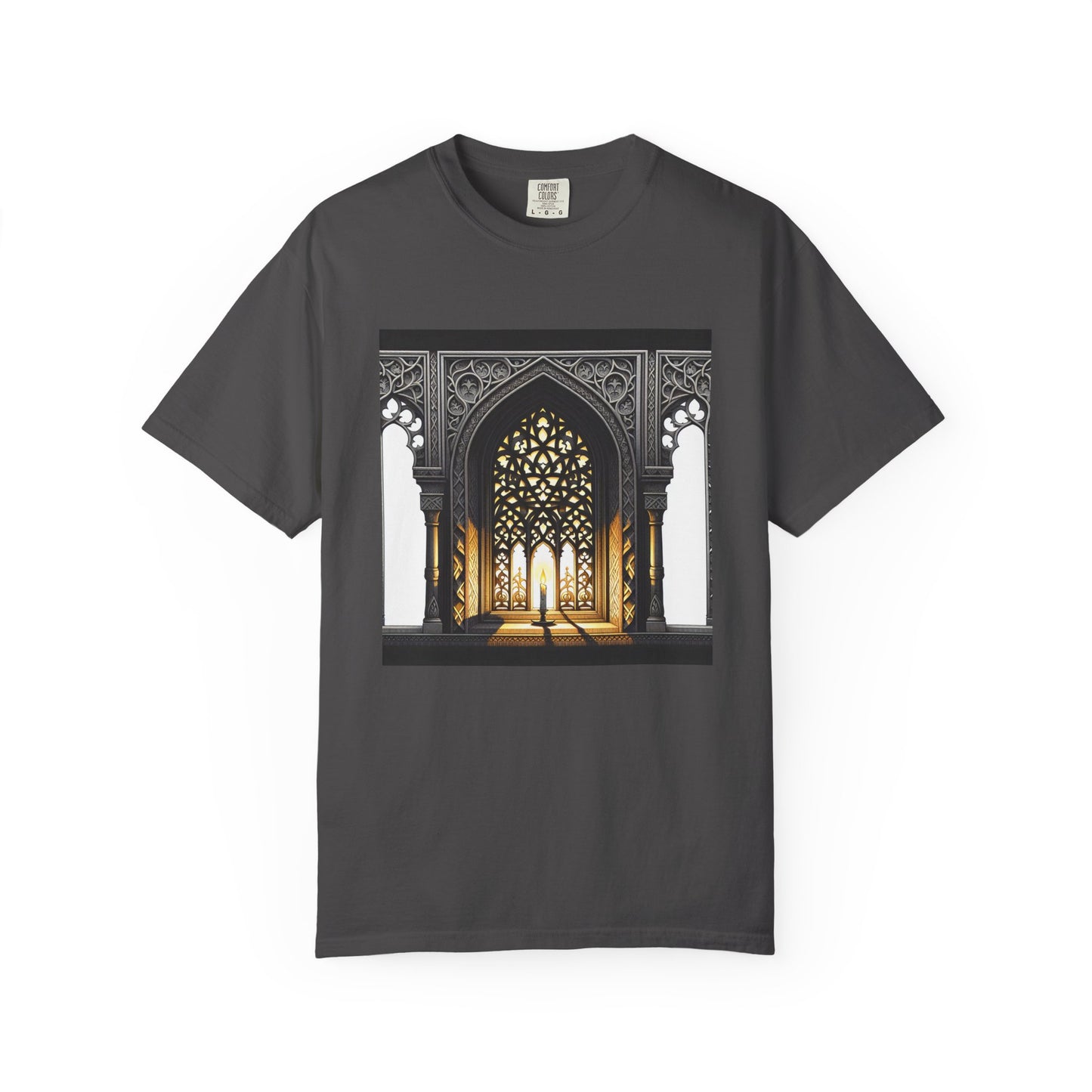 Ghostly Glow: Gothic Windows Aglow with Candlelight T-Shirt